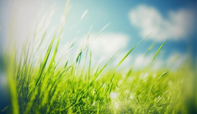 Green grass at close up low angle shot with blue sky in background