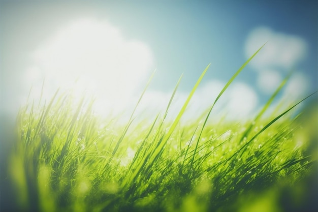 Green grass at close up low angle shot with blue sky in background