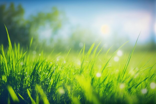 Green grass at close up low angle shot with blue sky in background