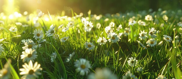 太陽の光に照らされた緑の草と<unk>花