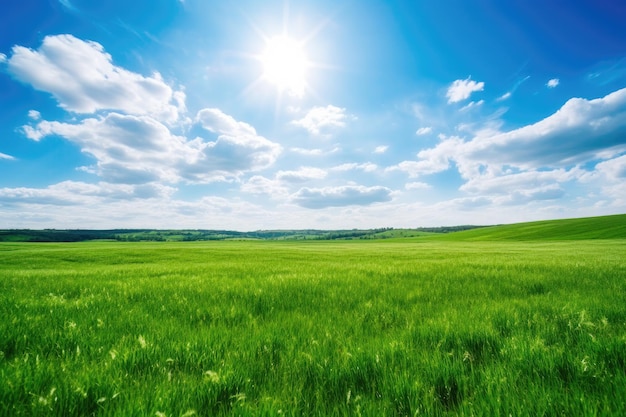 Photo green grass field and blue sky nature background