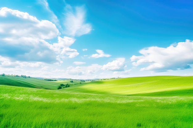 Green grass field and blue sky with clouds