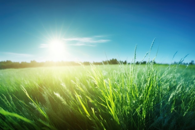 Green grass field and blue sky with sun Nature background Copy space Generative AI