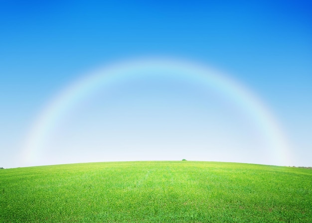 Green grass field and deep blue sky with rainbow
