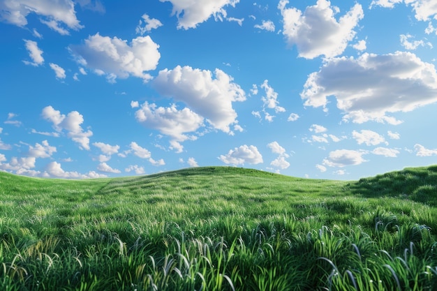 Green grass field on small hills and blue sky with clouds