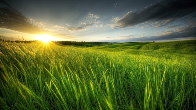 Green grass field in the sunset wallpapers