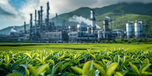 Foto campo di erba verde con lo sfondo di una grande industria di raffinazione del petrolio e del gas