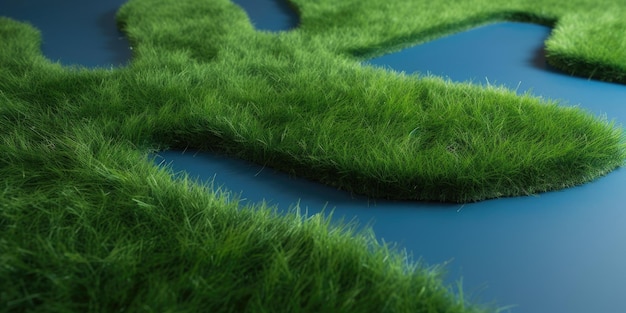 A green grass field with a blue background and the word " on it. "