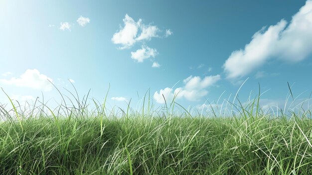 Photo green grass field with a blue sky and white clouds in the background the grass is lush and green and the sky is clear and blue