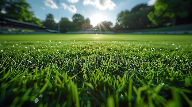 a green grass field with the sun shining through the top