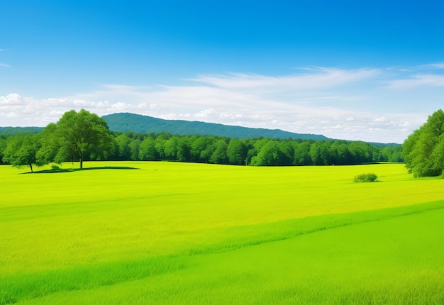 A green grass field with trees and a blue sky in the style of photorealistic landscapes cheerful