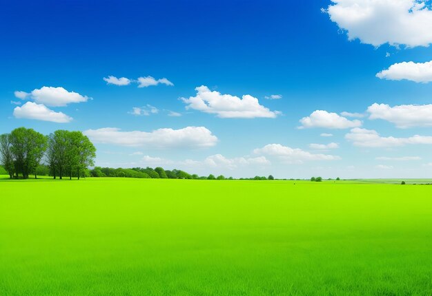 A green grass field with trees and a blue sky in the style of photorealistic landscapes cheerful