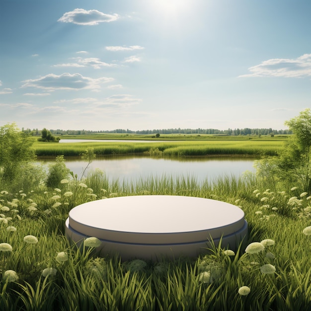 Фото Поле зеленой травы с белым подиумом макет сцены летнего пейзажа