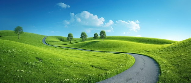 Foto campi di erba verde strada tortuosa al centro con cielo blu limpido