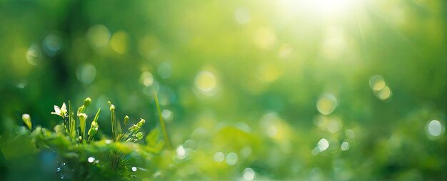 Foto erba verde e fiori sullo sfondo all'alba