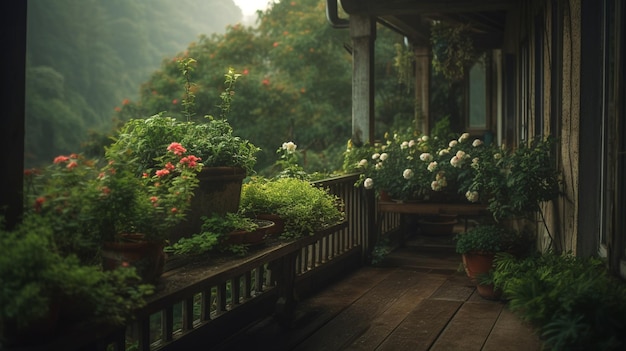 Green grass and flowers on the balcony background