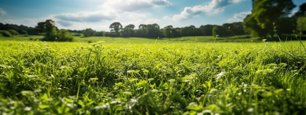 晴れた日に緑の草と花 パノラマの背景