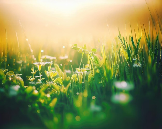 Green grass and flowers at sunrise