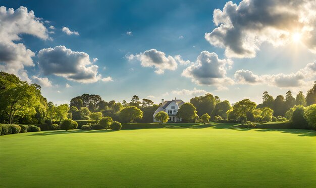 Green grass in the foreground of a wide meadow country house in the background