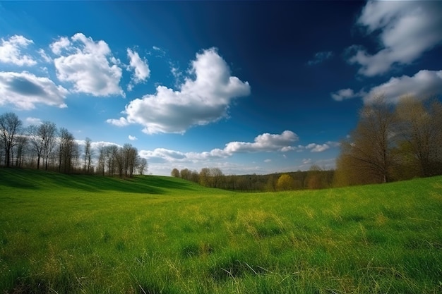 青い空の下の緑の草と森の風景