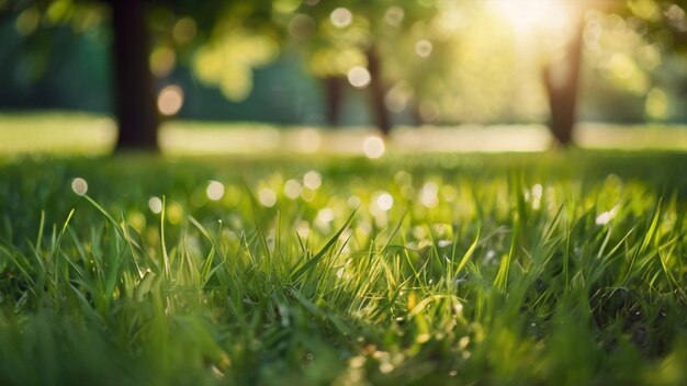 庭の緑の草と太陽の光とボケ