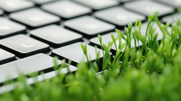 Green grass growing from computer keyboard Environmental protection concept