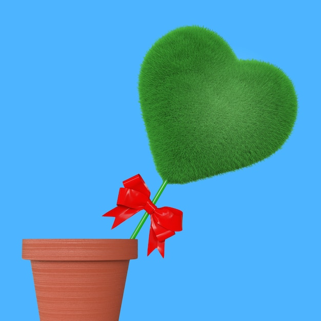 Cuore di erba verde con nastro rosso in vaso di fiori su sfondo blu. rendering 3d