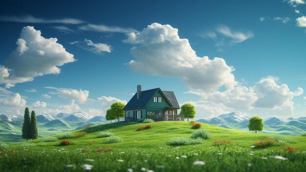 Зеленый травяной дом гордо стоит над облаками поля. Изображение, созданное искусственным интеллектом.