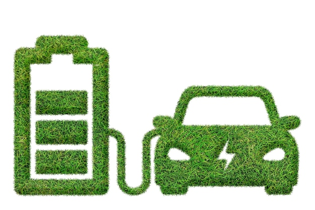 A green grass image of a car being charged with a charging station.