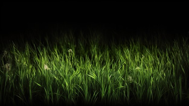 A green grass is lit up in the dark