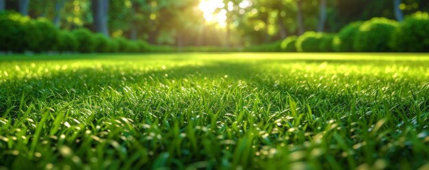 green grass meadow landscape with sunrise