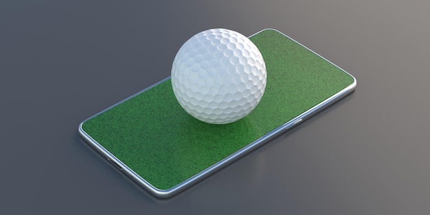 Green grass on mobile and white golfball isolated on grey background 3d illustration