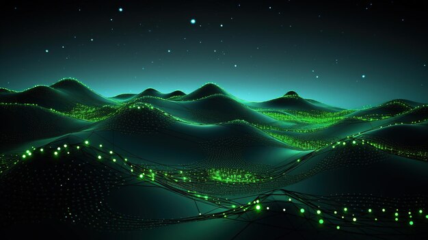Foto erba verde e montagne con un bagliore verde nell'oscurità