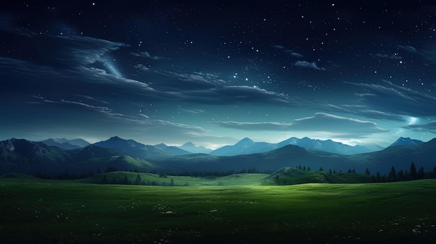 the green grass of the mountains with a starry sky.