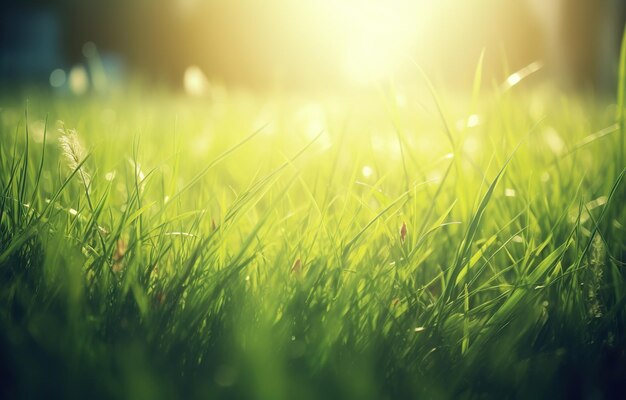 Green grass nature field closeup backlit by golden sunlight with sun rays natural