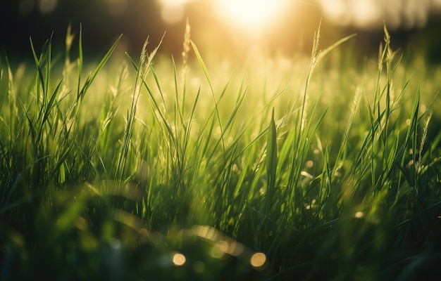 Green grass nature field closeup backlit by golden sunlight with sun rays natural