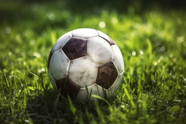 A green grass soccer field with an empty stadium in the background featuring a soccer ball