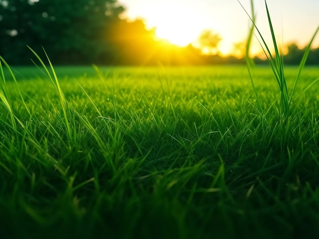 Photo a green grass in sunrise ai generated