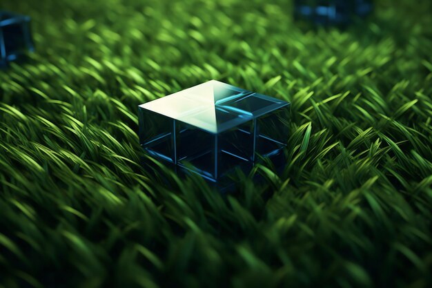 Photo a green grass with a blue cube in the center