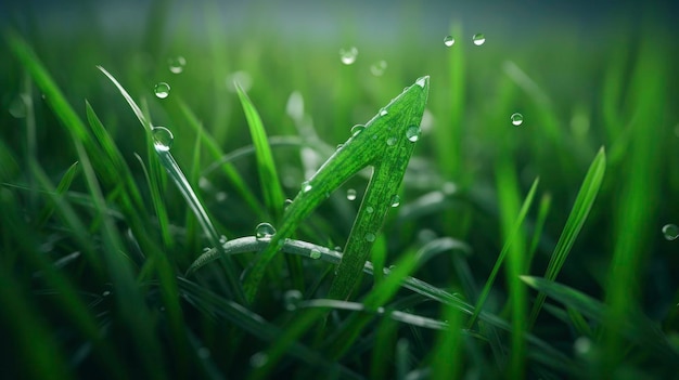 A green grass with dew drops on it