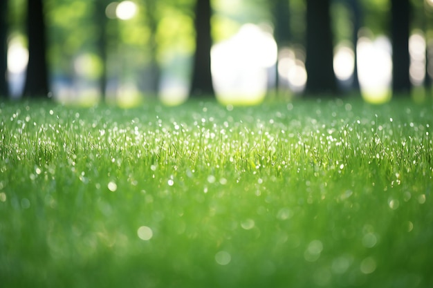 Photo green grass with dew drops in the morning nature background