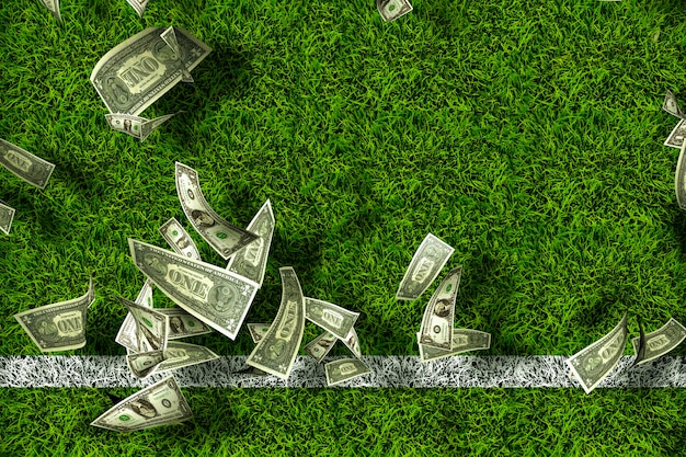 Photo green grass with dollar bills. gambling thoughts.