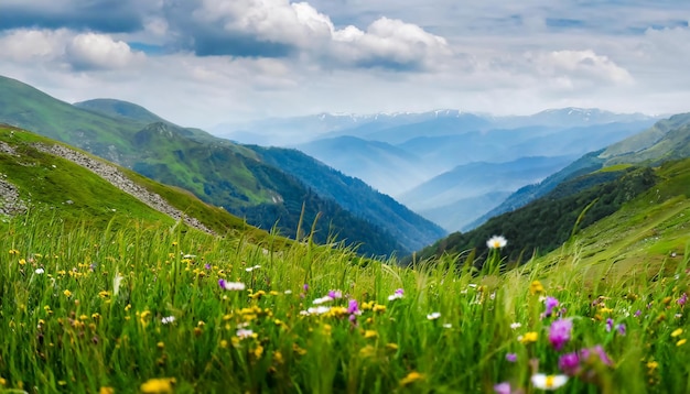 山脈の中の花の風景の谷の緑の草