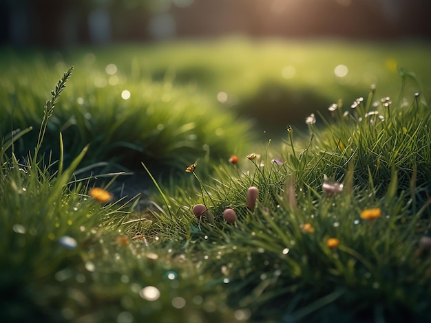 Foto un'erba verde con fiori e erba sullo sfondo