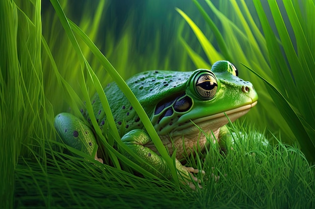 Зеленая трава с большой яркой лягушкой на ней, созданная с помощью генеративного ИИ
