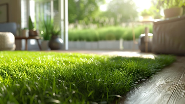 a green grass with plants in the background and a bench in the foreground