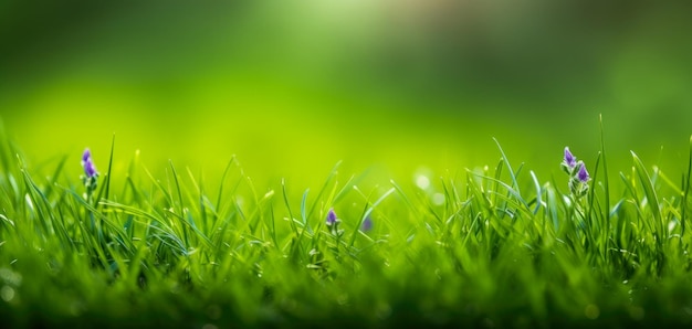 A green grass with a purple flower on it