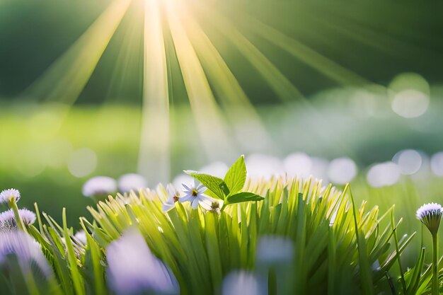 A green grass with the sun shining through the leaves