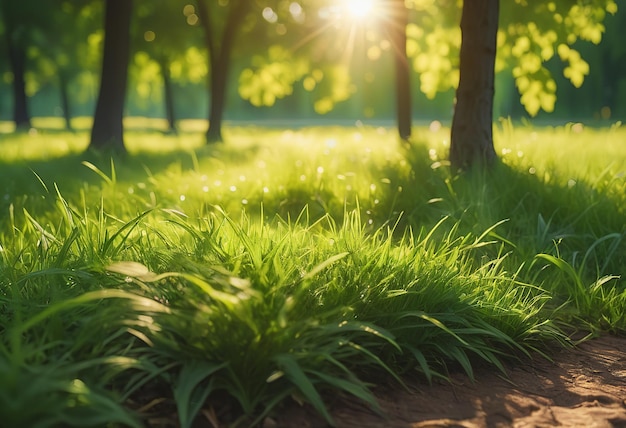 a green grass with the sun shining through the trees