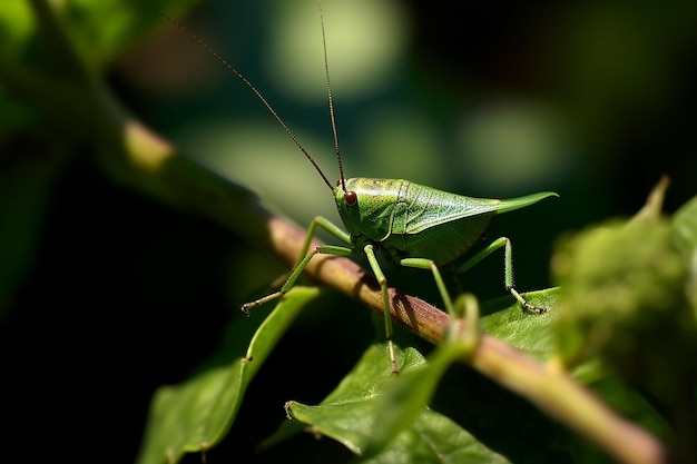 A green grasshopper sits on a leaf